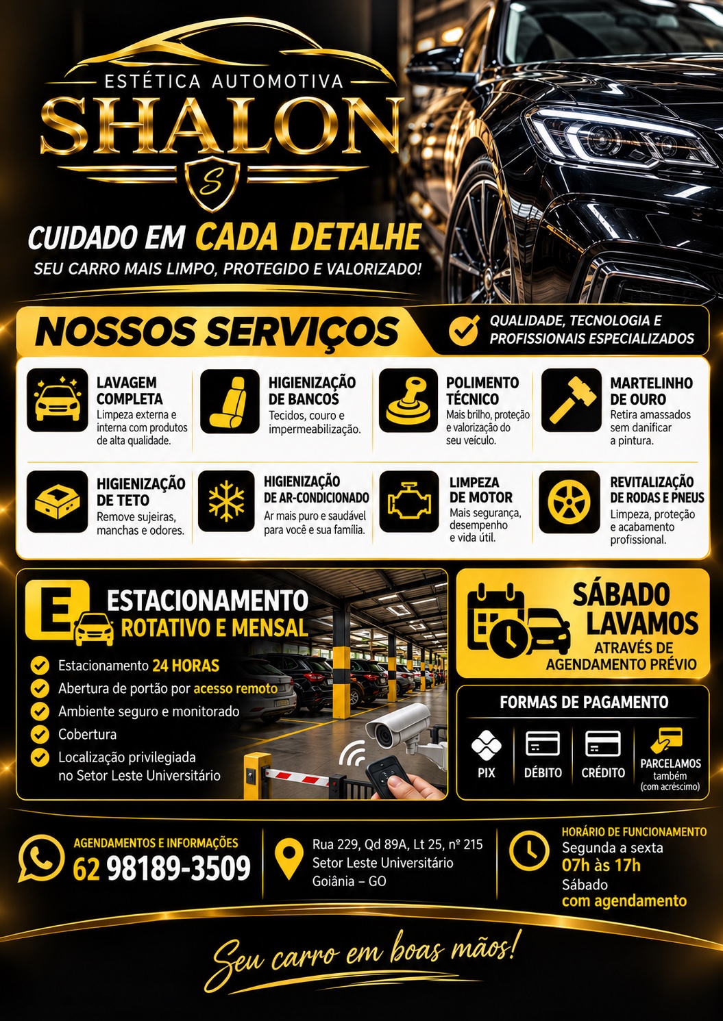 Arte original da Shalon com serviços e contatos